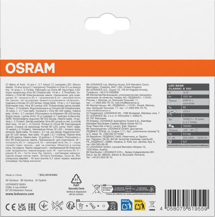 Immagine prodotto Osram Base Led Classic A (E27, 14 W, 1521 lm, 3 x, F)