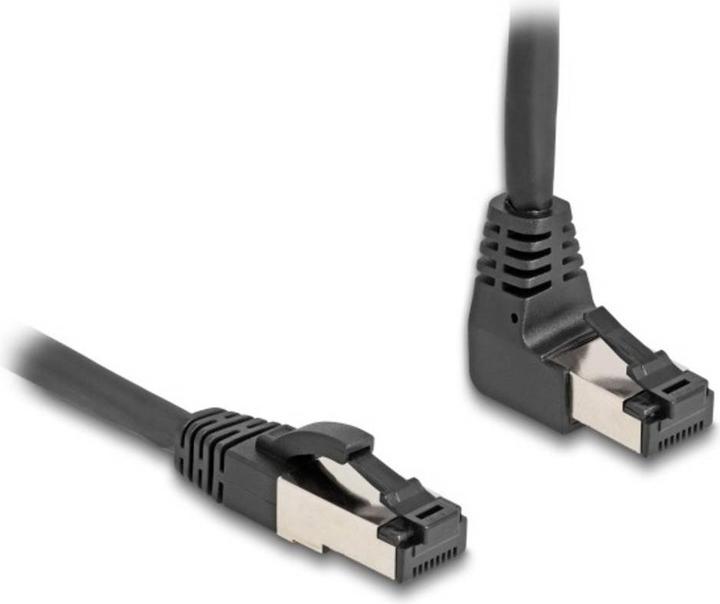 Actual product image Delock RJ45 network cable Cat.8.1 S/FTP 90° bottom angled / straight 2 m black (S/FTP, CAT8.1, 2 m)