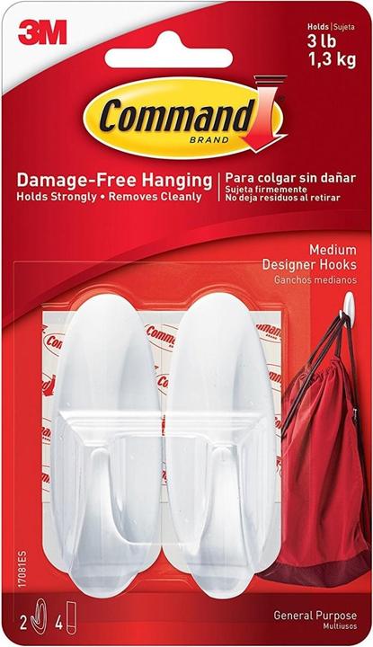 3M 7100117769, Intérieur, Universal hook, Blanc, Adhesive strip, 1.3 kg, Tiles & metal, Wood