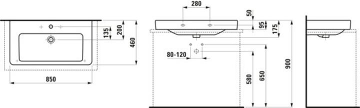 Actual product image Laufen Countertop washbasin PRO S 850x460mm w ÜL 3 HL version white LCC (460 mm, 850 mm)