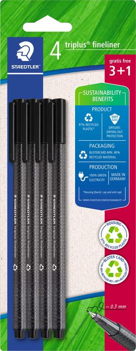 Produktbild Staedtler Fineliner triplus schwarz 4er-Set retail (Schwarz, Grau, 4 x)