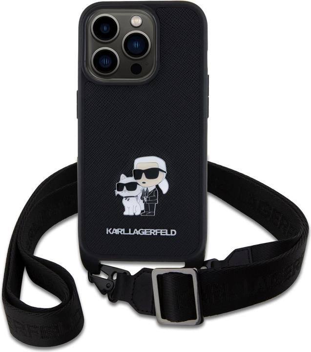 Karl Lagerfeld Saffiano Crossbody Strap Metal Karl and Choupette Case for iPhone 15 Pro Black (Apple iPhone 15 Pro)
