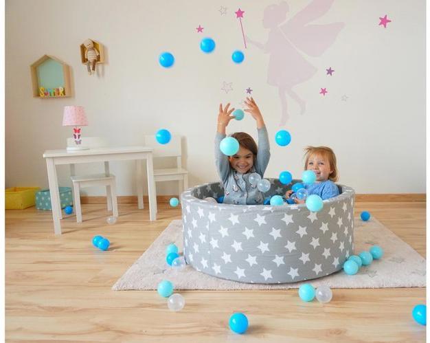 Actual product image Knorrtoys Bällebad soft - "Grey white stars" - 300 balls soft blue/blue/transparent (ca. 6cm Durchmesser)