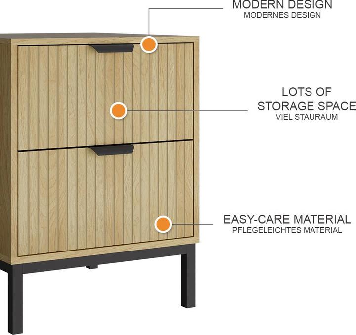 Actual product image Vicco Lennox bedside cabinet, oak/black, 40 x 52 cm with 2 drawers (40 x 52 x 40 cm)