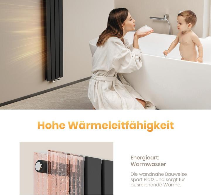 Produktbild Emke Heizkörper, Flachheizkörper mit Zentralanschluss, Schwarz 160x30cm 889W Doppellagig (889 W)