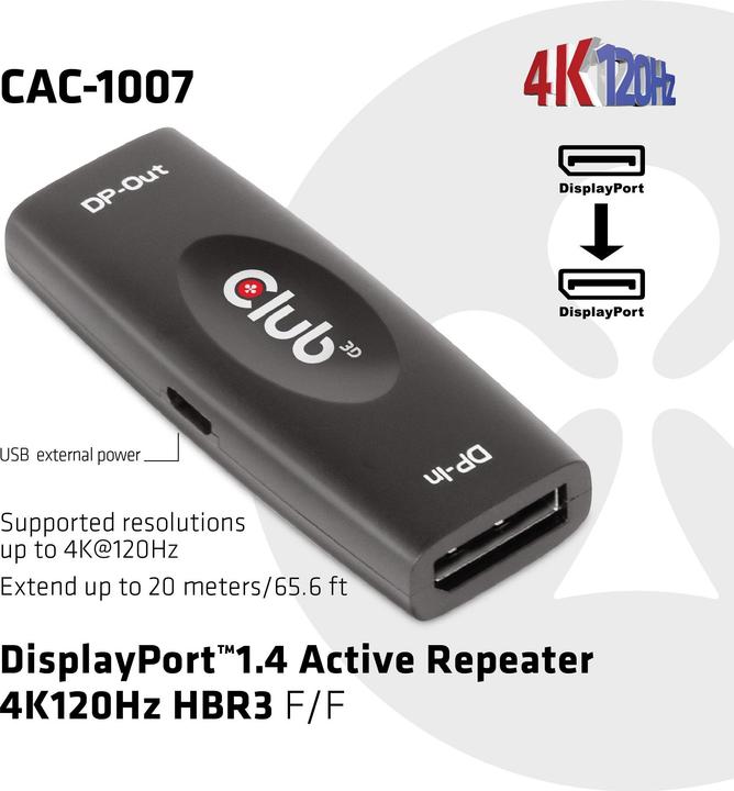 Actual product image Club 3D Repeater DisplayPort 1.4 > DisplayPort 1.4 (USB 2.0, 2.50 cm)