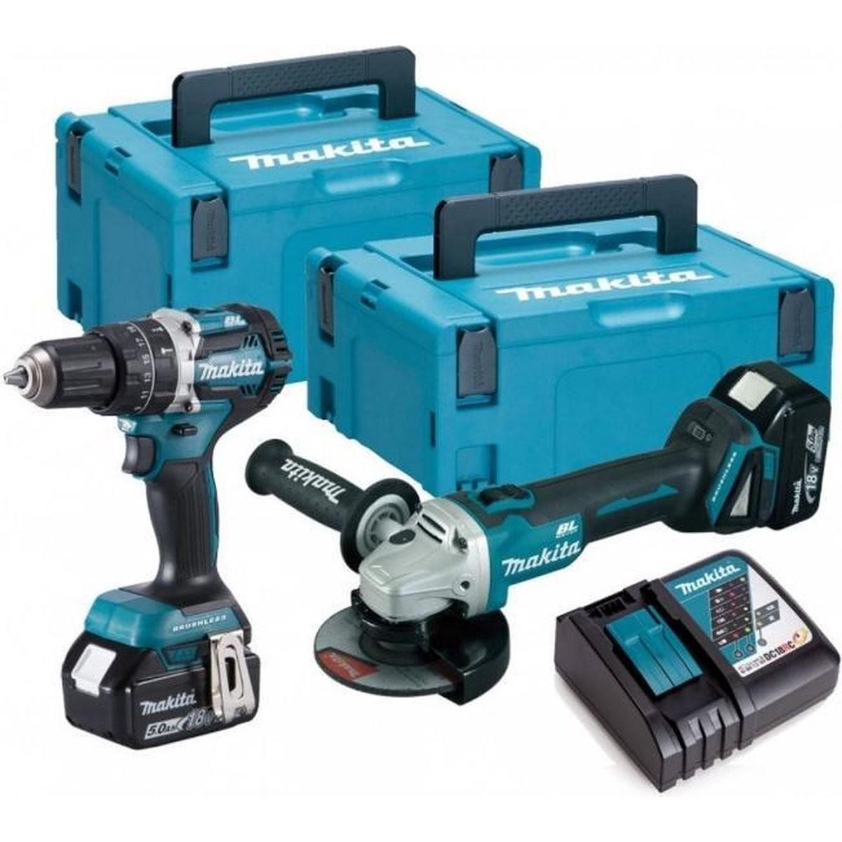 Makita, Trapano + Avvitatore a batteria, DLX2179TJ1 18V LXT 2 delige Brushless DGA504 Haakse slijper + DHP484 boormachine set met 2 x 5.0Ah a