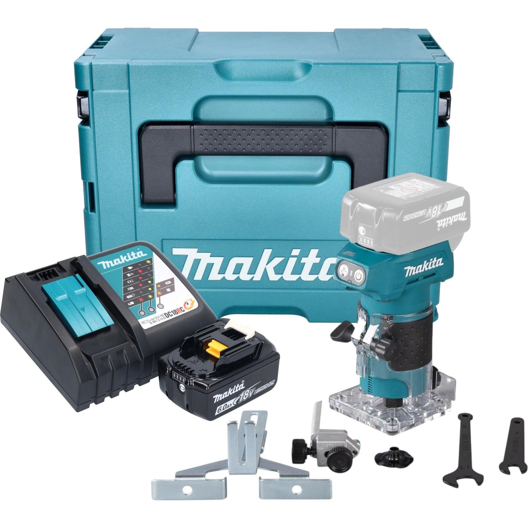 Makita, Fräse, DRT 52 RG1J Akku Kantenfräse 18 V 6 mm Brushless + 1x Akku 6,0 Ah + Ladegerät + Makpac