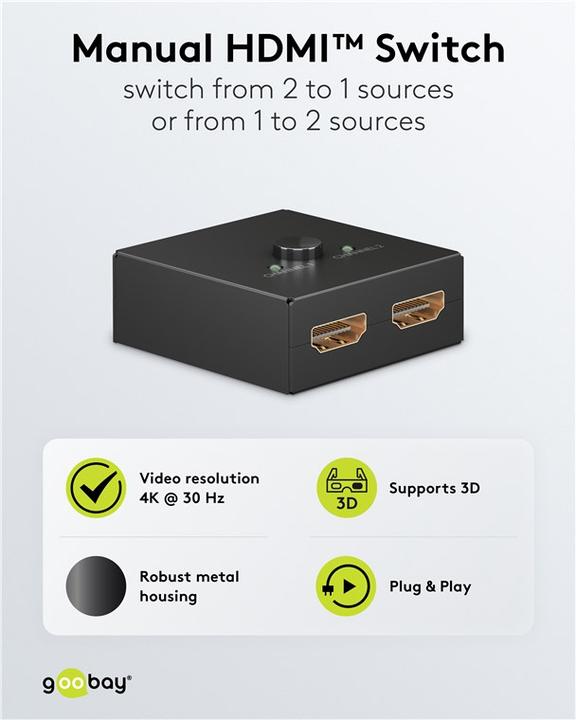 Immagine prodotto Goobay Commutatore HDMI manuale da 2 a 1 4K @ 30 Hz