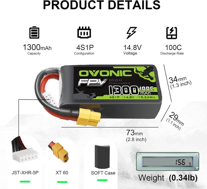 Immagine prodotto Ovonic 4S Lipo Akku 14.8V 1300mAh für FPV Drohnen (14.80 V, 1300 mAh)