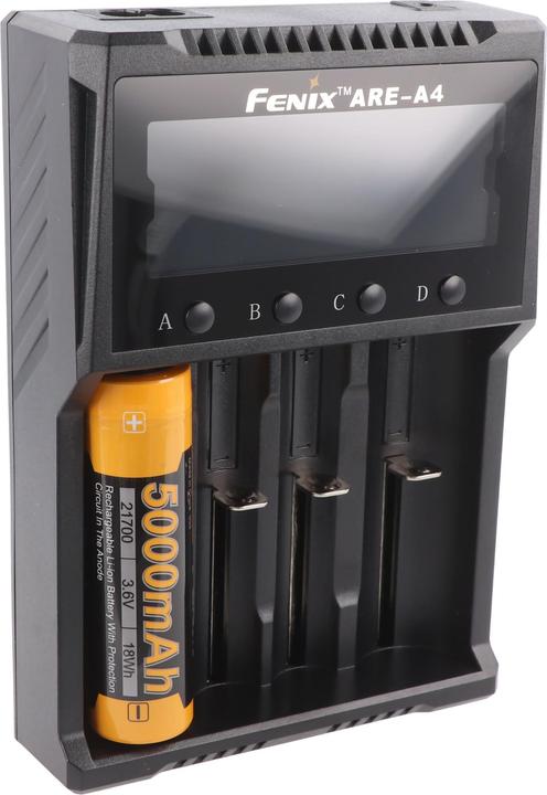 Produktbild Fenix Rundzellen Ladegerät ARE A4 (1 Stk., 10340, 10350, 10440, 10500, 12500, 12650, 13500, 13650, 14500, 14650, 16340, 16650, 17500, 17650, 17670, 18350, 18490, 18500, 18650, 18700, 21700, 22650, 25500, 26500, 26650, Akku)