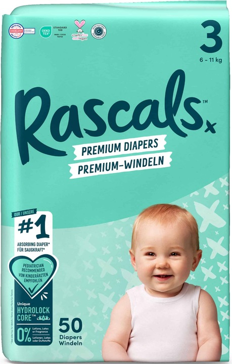 Immagine prodotto Rascals Pannolini premium (Dimensione 3, Pacco trasportabile, 50 Pezzo/i)
