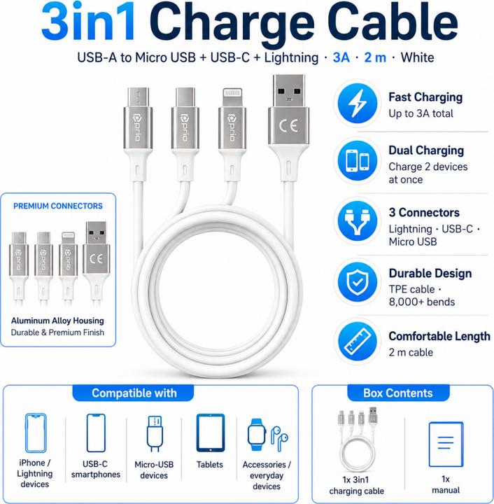 Produktbild prio 3in1 Micro USB & USB C & Lightning zu USB A Kabel 3A 2m weiss (2 m)