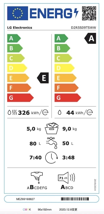 Label énergétique LG D2R5S09TSWW Lave-linge séchant slim 9/5kg AI DD, Classe E, 1200 tr/min, TurboWash 360, Vapeur