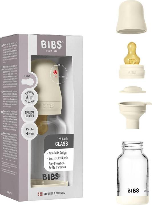 Actual product image Bibs - Glass Baby Bottle Round Latex Slow Flow - Ivory - 120 ml (120 ml)
