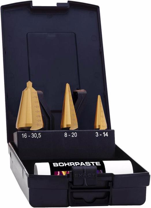 Image du produit Exact Set de forets à peler la tôle HSS-E. HSS-E. 3-14 / 4-20 / 16-30.5 mm + pâte à percer. TiN (5, 16-30, 4 - 20, 3 - 14 millimètres)