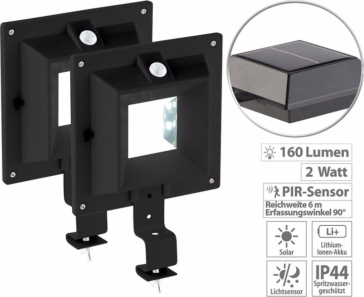 Produktbild Lunartec 2er-Set Solar-LED-Dachrinnenleuchten mit PIR-Sensor (160 lm, IP44)
