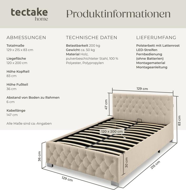 Produktbild tectake Polsterbett (120 x 200 cm)