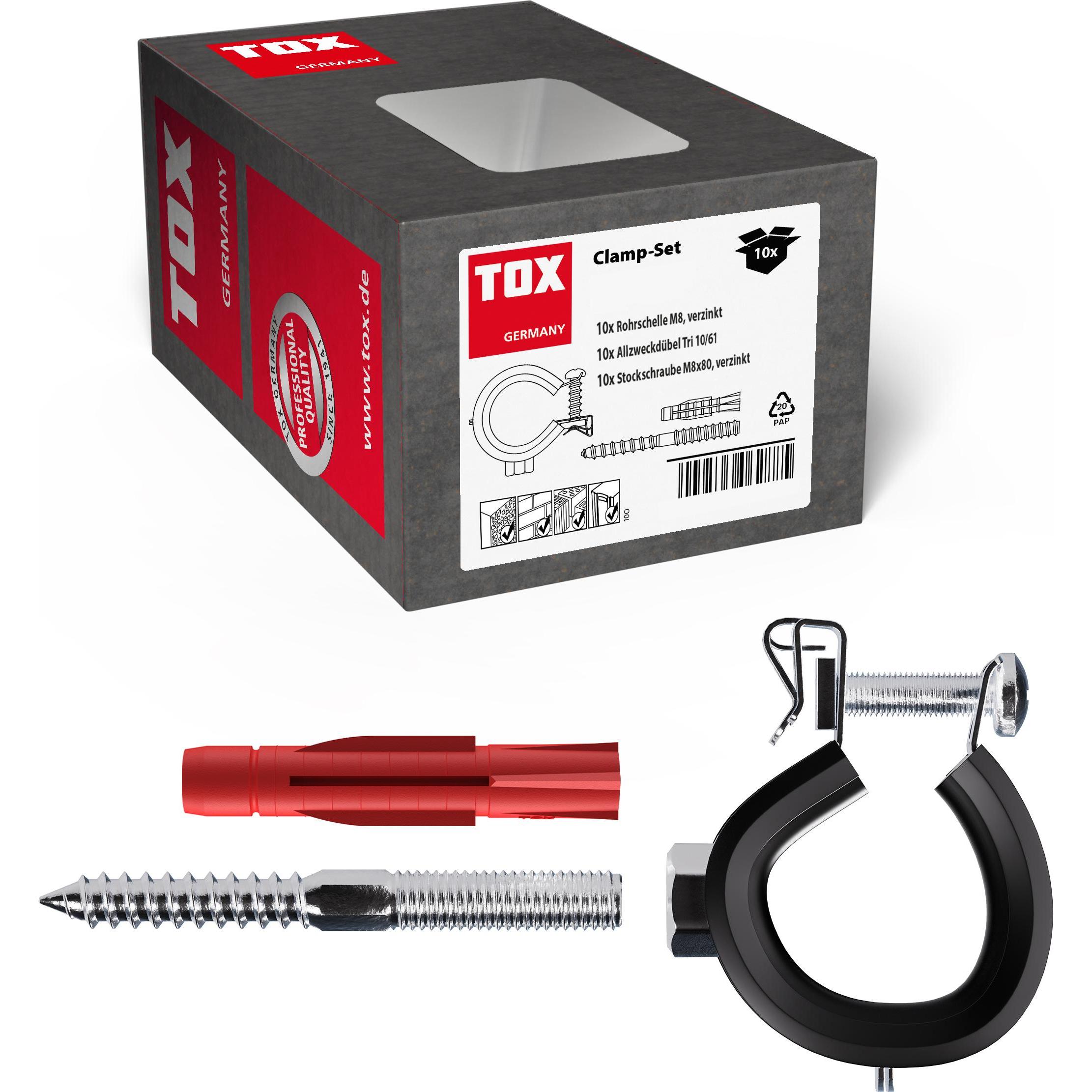 Thumbnail - Tox, Dübel, Rohrschellen-Set Clamp-Set M8 1/2" (21-23 mm) (30 St.) verzinkt inkl. Tri 10/61 + Stockschr. M8x80 (30 Stk.)