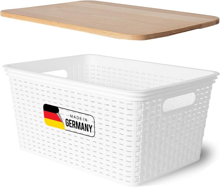 Produktbild Novaliv Aufbewahrungsbox mit Holzdeckel Gross 14L Korb Weiss in Rattan Design Lebensmittelecht Aufbewa (28 cm, 14 l, 1x)