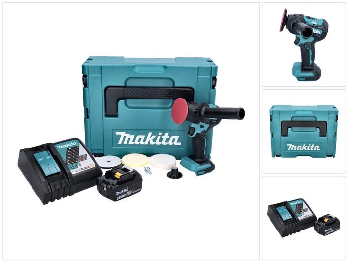 1x Makita DPV 300 Akku Schleifer Polierer, 1x Seitengriff 30, 2x Klett Schwamm, 1x Polierhaube, 2x Schleifteller, 1x Adapter, 1x Makita BL 1840 B 18 V 4,0 Ah Akku, 1x Makita DC 18 RC Akku Schnell Ladegerät, 1x Makita Makpac, 1x Universaleinlage