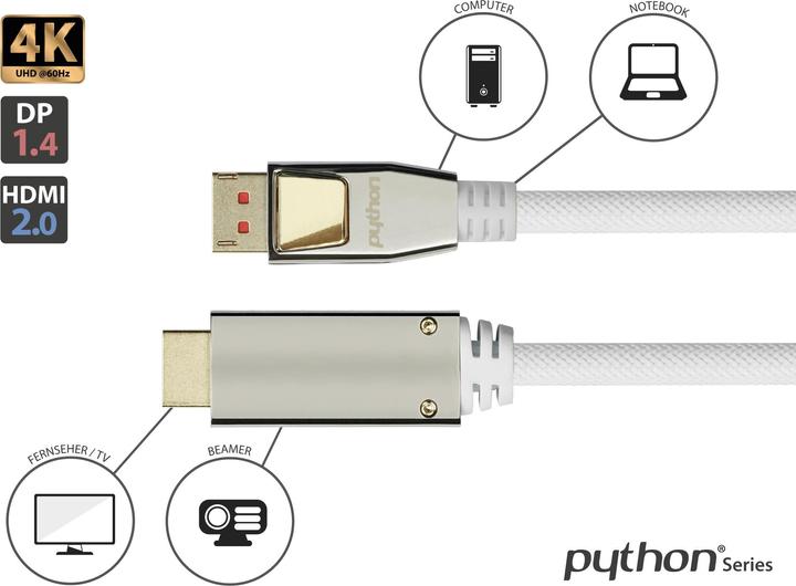 Actual product image Python PYT M0223 DP 1.4 to HDMI 2.0 A plug, nylon, 4K@60Hz, 3 m, white (3 m, HDMI)