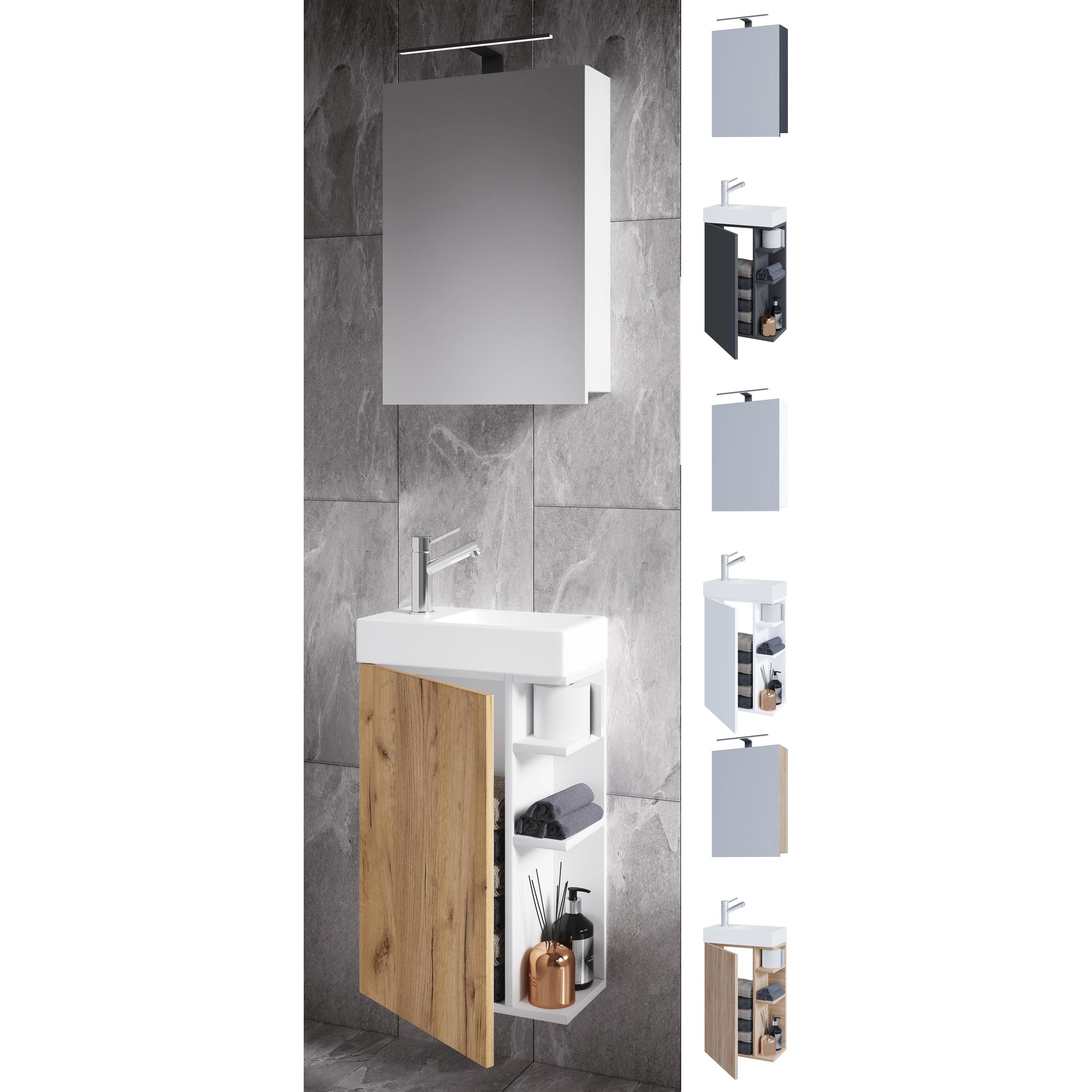 VCM, Badmöbelset, 3-tlg Badmöbel Set Gäste WC Gästebad Waschplatz Waschtisch klein schmal Lumia Spiegelschrank