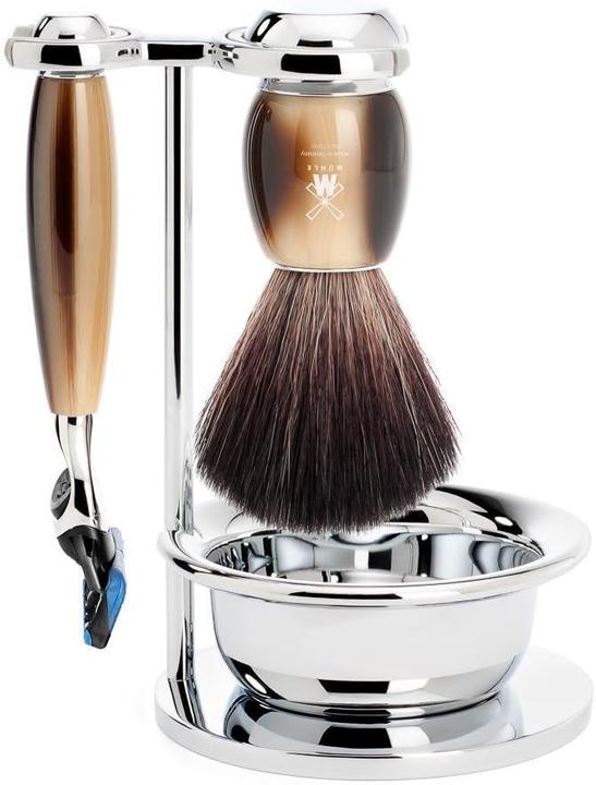Immagine prodotto Mühle Set da barba, 4 pezzi con ciotola, pennello da barba con fibra nera, rasoio a 5 lame (Pennello da barba)