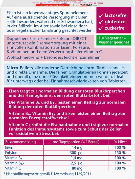 Nutritional values and ingredients Queisser Pharma Doppelherz Eisen Femin Dir (20 pcs., Granulate)