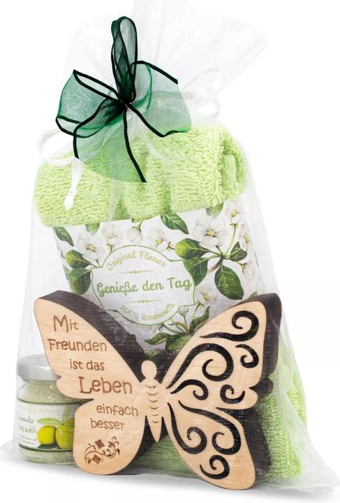Produktbild ZNatur Geschenkset Zirben Holz Schmetterling mit Gravur Mit Freunde Badesalz & Tuch No.25 (Körperpflegeset)
