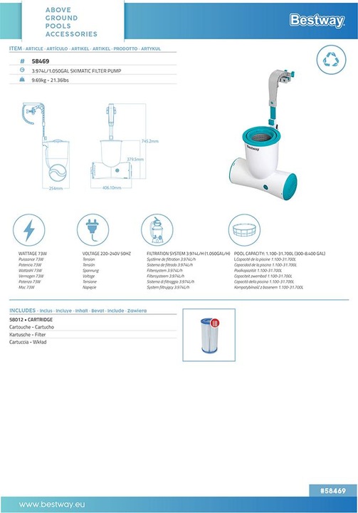 Label énergétique Bestway Pompe de filtration et skimmer S kimatic 3 974 L