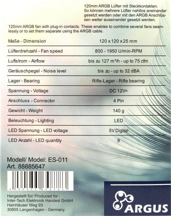 Nutritional values and ingredients Intertech Inter-Tech Fan Argus ES-011 LED, RGB (120 mm, 1x)