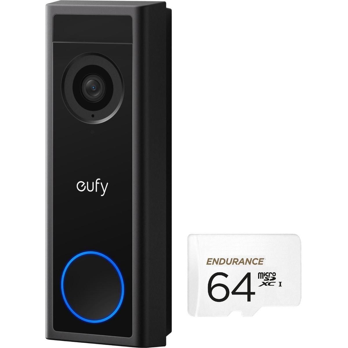 Eufy, Bel + Deurintercom, C30 2K Draadloze Video Deurbel 2K Fhd - Accu Zwart + Samsung MicroSDXC 64GB Pro -