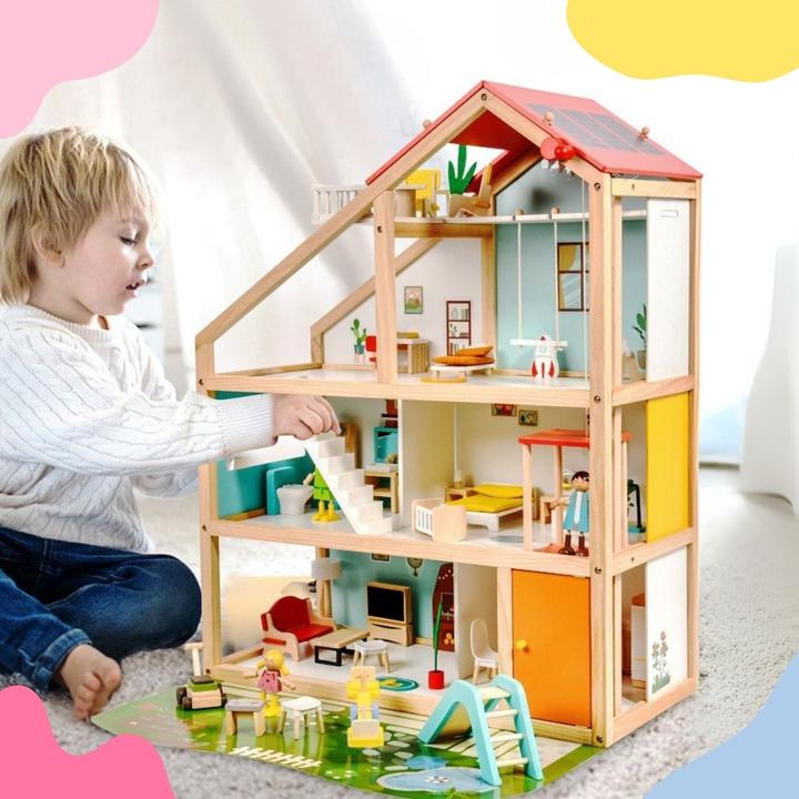 Image du produit Hermex 59-tlg. Holz-Puppenhaus mit Puppen Puppen-Villa mit Garten Spielhaus