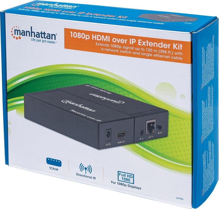 Image du produit Manhattan Kit extender HDMI over IP 1080p Prolonge le signal 1080p avec un switch et un câble réseau.