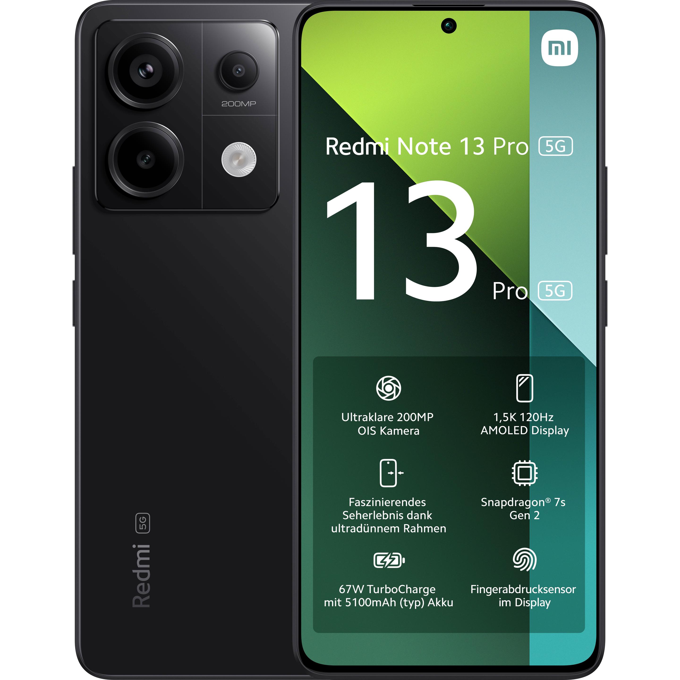Xiaomi Redmi Note 13 Pro 5G (256 GB, Midnight Black, 6.67", Dual SIM, 200 Mpx, 5G), Smartphone, Schwarz