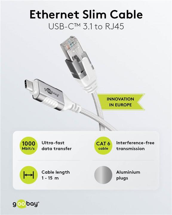 Actual product image Goobay Ethernet cable USB-C 3.1 to RJ45, Slim, 3 m (USB 3.1, RJ45 (1x))