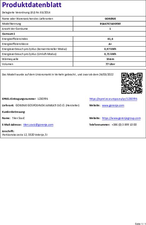 Valeurs nutritives et ingrédients Gorenje BSA6747A04XWI (acier inoxydable)