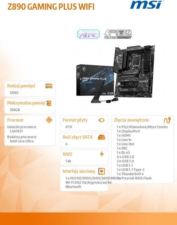 Actual product image MSI Z890 GAMING PLUS WIFI (LGA 1851, Intel Z890, ATX)