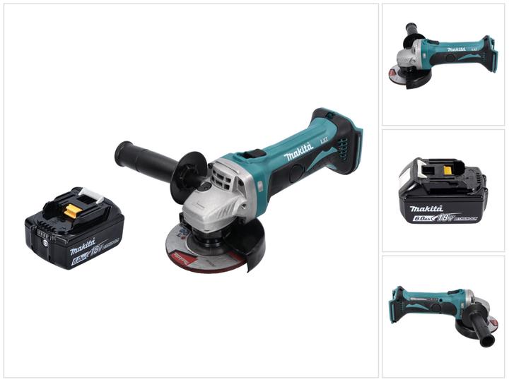 1x Makita DGA 452 Akku Winkelschleifer, 1x Schutzhaube, 1x Seitengriff, 1x Montageschlüssel, 1x Makita BL 1860 B 18 V 6,0 Ah Akku