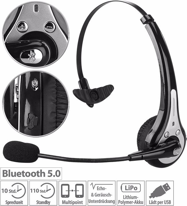 Image du produit Callstel Casque mono professionnel avec Bluetooth, réduction du bruit, batterie de 10 heures (Sans fil, USB-A)