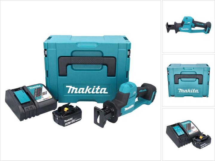 1x Makita DJR 189 cordless Recipro saw, 1x Recipro blade BIM 152, 6-11T, 1x Recipro blade HCS 203, 7-18Z, 1x Recipro blade BIM 152, 6-10Z, 1x Makita BL 1840 B 18 V 4.0 Ah battery, 1x Makita DC 18 RC battery quick charger, 1x Makita MAKPAC plastic case, 1x universal inlay