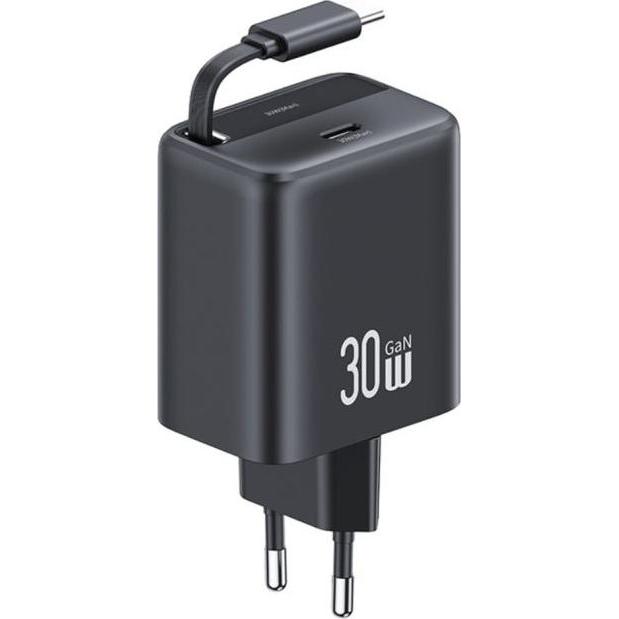 Usams Ład. siec. 1xUSB-C ze zwijanym kablem USB-C Retractable PD+QC 30W Gan Fast Charging czarny/bla (30 W), USB Ladeger...