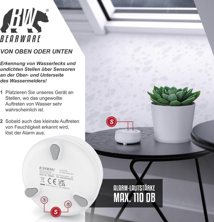 Produktbild Bearware 2x Wassersensor, IP66 Mini-Wasser Detektor, 110dB lauter Alarm, Wassermelder warnt bei Wasserschäden