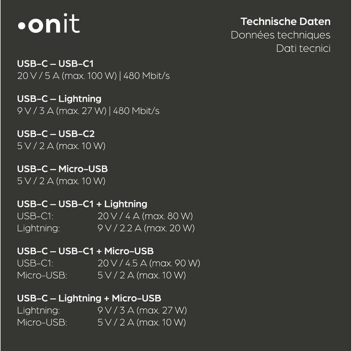 Valeurs nutritives et ingrédients Onit 4 in 1 USB Kabel (1.20 m, USB 2.0, 100 W)