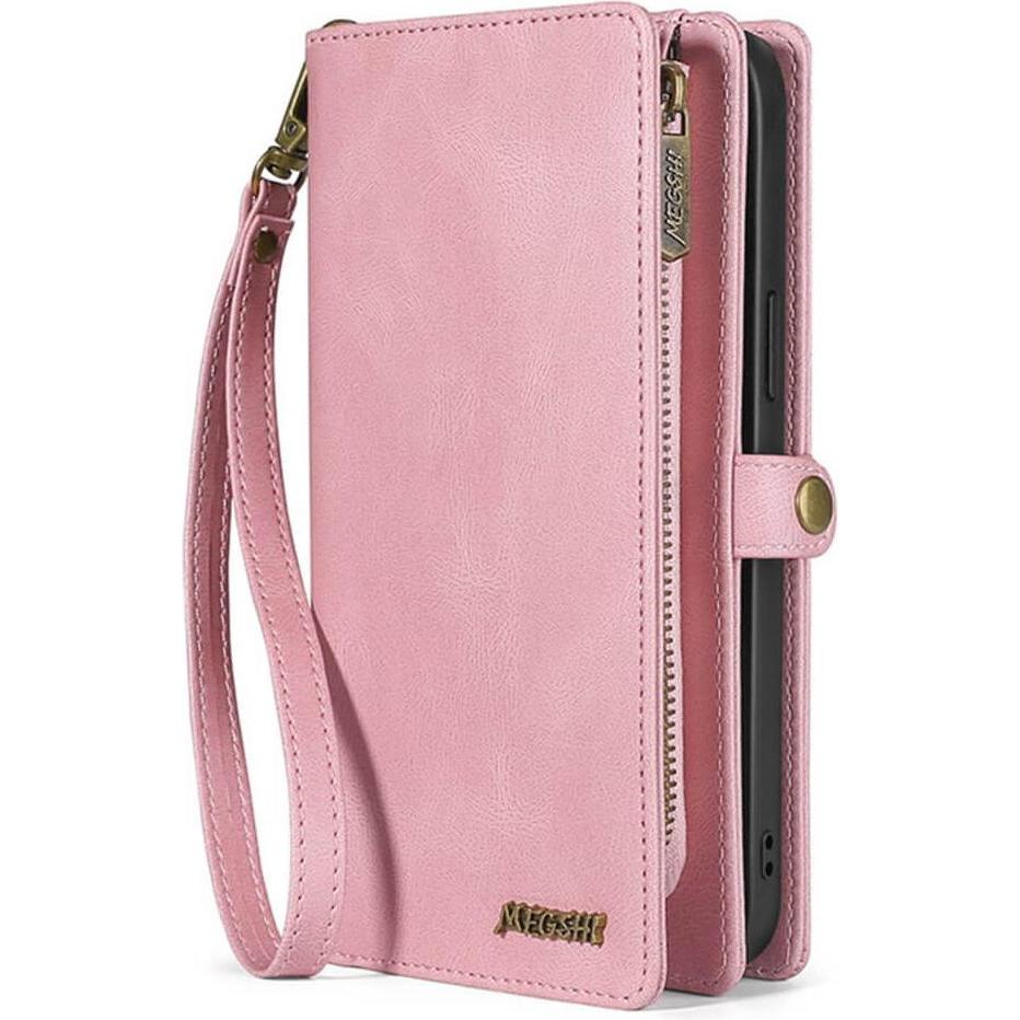 Megshi iPhone 15 Pro - 2-1 Brieftaschen Hülle rosa (Apple iPhone 15 Pro), Smartphone Hülle, Rosa