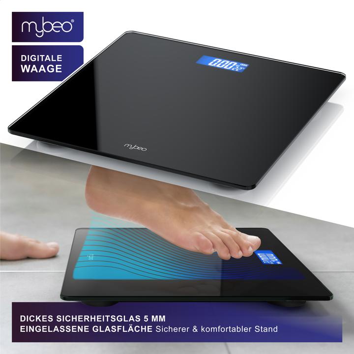 Actual product image Mybeo Personenwaage digital, Trittfläche aus 6mm Sicherheitsglas, schmales Design, max.180 kg Belastung (180 kg)
