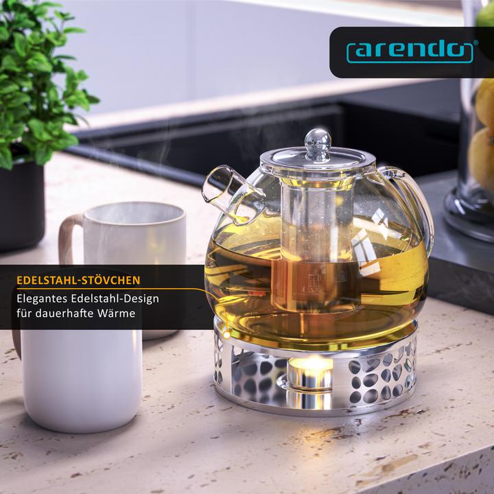 Immagine prodotto Arendo Teekanne Glas Teebereiter mit Stövchen & Sieb für losen Tee, 1,5l, Borosilikatglas, Hitzebeständig (1.50 l)