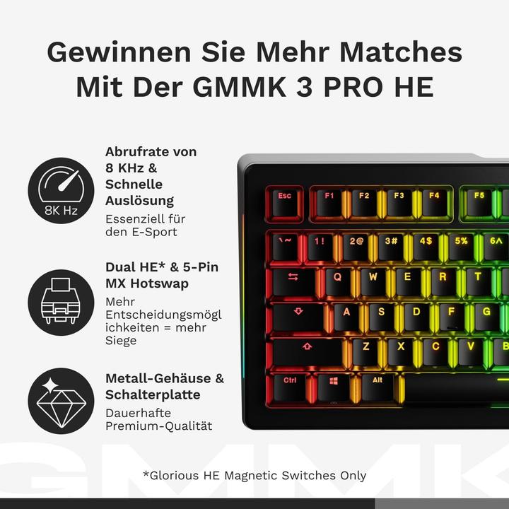 Immagine prodotto Glorious GMMK 3 Pro HE 75 % Tastiera da gioco personalizzata - Pre-costruita, ISO (DE), interruttori Fox HE, (DE, Cablato)