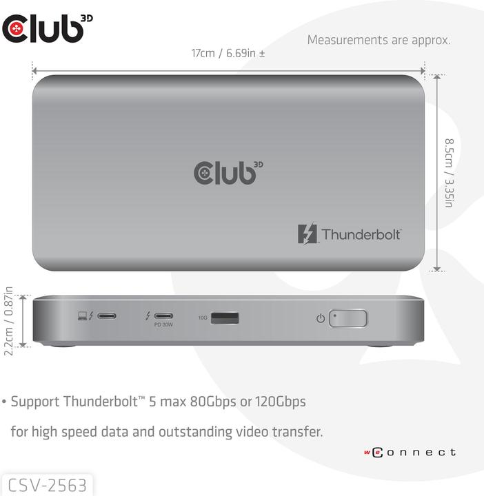Produktbild Club 3D Club3D Thunderbolt5 5-in-1 HUB > 3xThunderbolt/1xUSB Bu/BU (5 Ports)